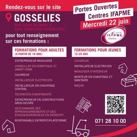 Visuel présentant le programme de la journée portes ouvertes IFAPME 2022 de l'implantation de Gosselies à Charleroi